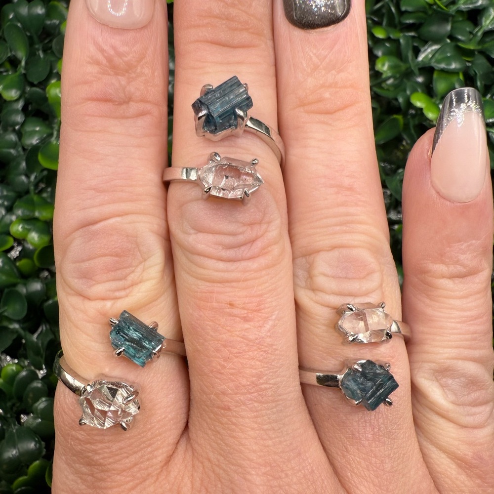 Custom Designed, Blue Tourmaline & Herkimer Diamond Ring in Sterling Silver